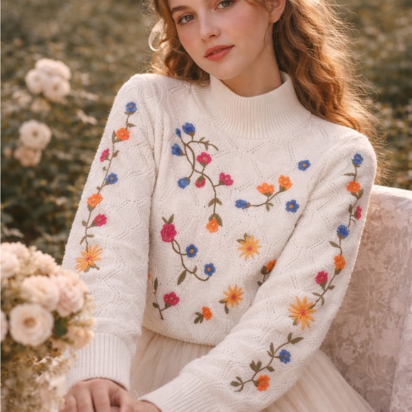 Francesca's Collections Sweaters - Francesca’s Cream Romantic Floral Embroidered Knit Sweater Cottagecore